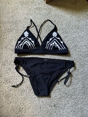 Black Bikini Set with White Embroidered Detail